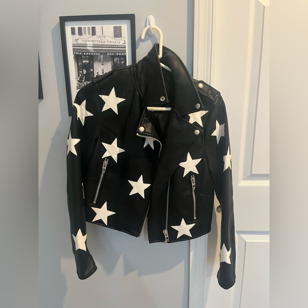 women’s small black blank nyc faux leather jacket with stars